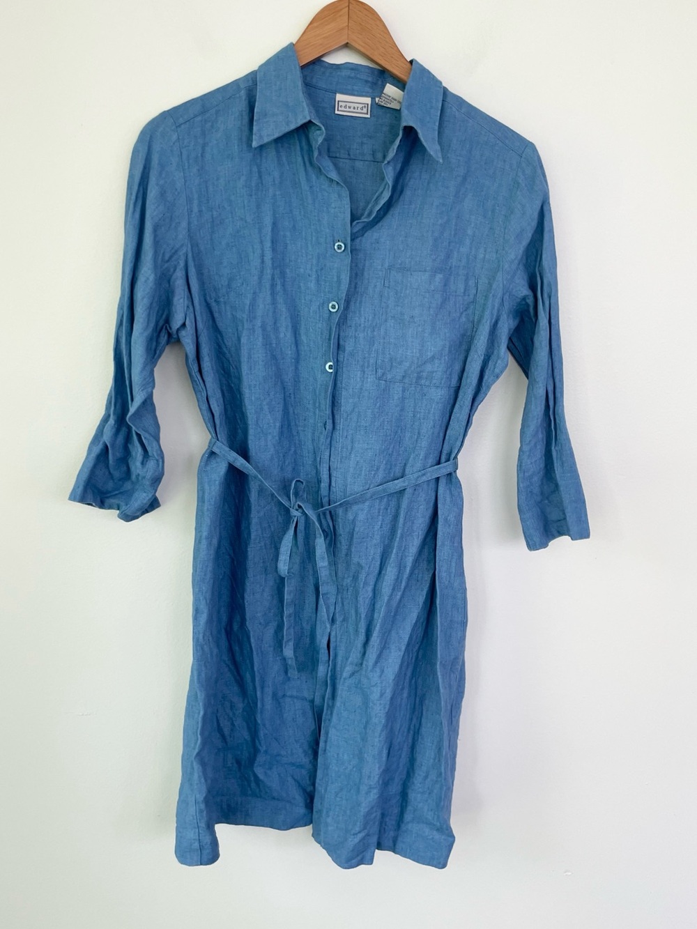 Vintage 100% Linen Belted 3/4 Sleeve Shirtdress S Small Blue Edward